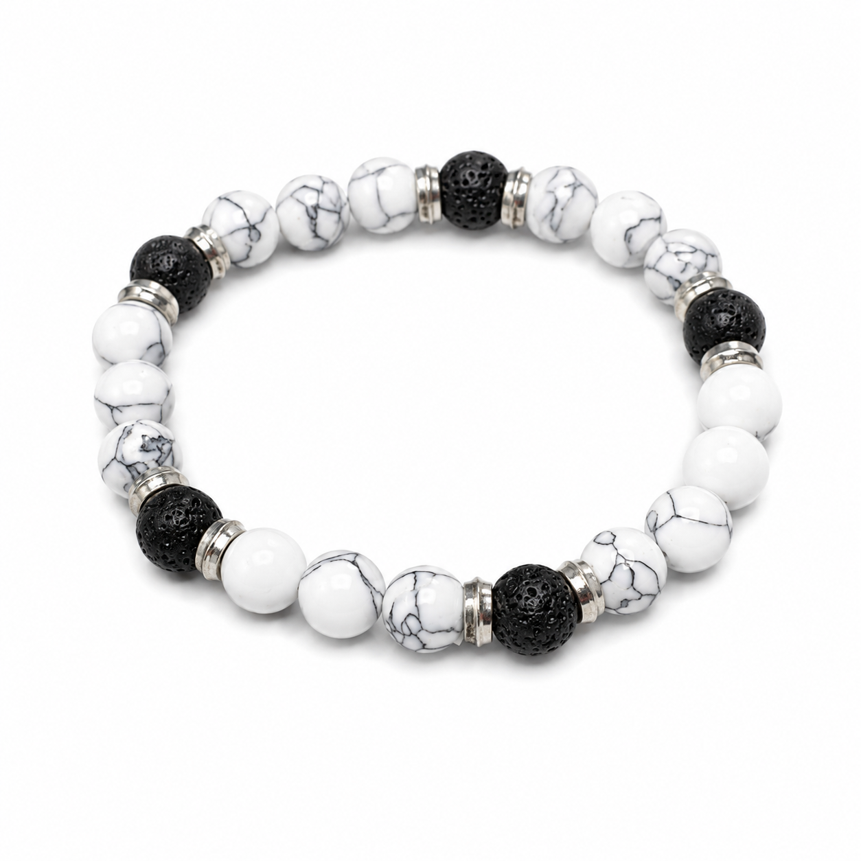 White Howlite & Black Lava Stone Beaded Bracelet for Men