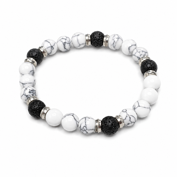 White Howlite & Black Lava Stone Beaded Bracelet for Men