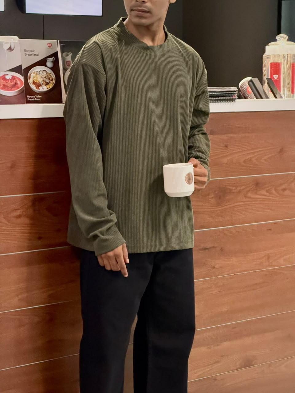 Men's Olive Green Waffle tee  Oversized Long Sleeve T-Shirt