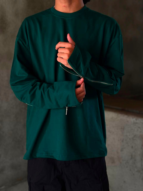 Men's Black Oversized Full Sleeve T-Shirt with Zipper Sleeves
