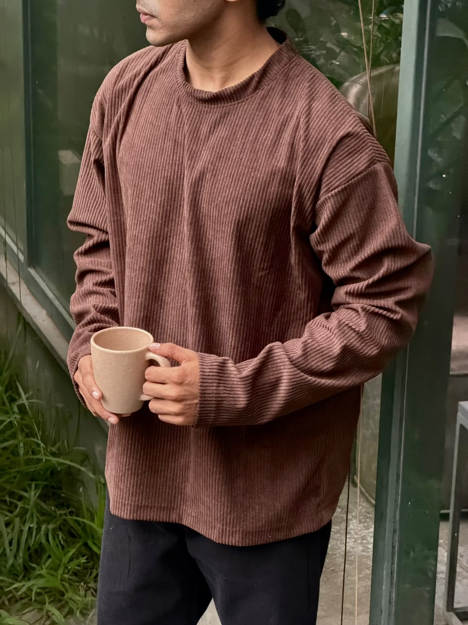Men's Olive Green Waffle tee  Oversized Long Sleeve T-Shirt