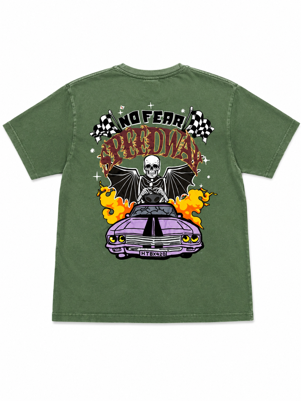 No Fear Speedway Oversized Olive Green Graphic T-Shirt for Men