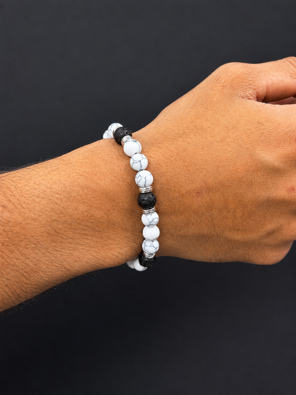White Howlite & Black Lava Stone Beaded Bracelet for Men