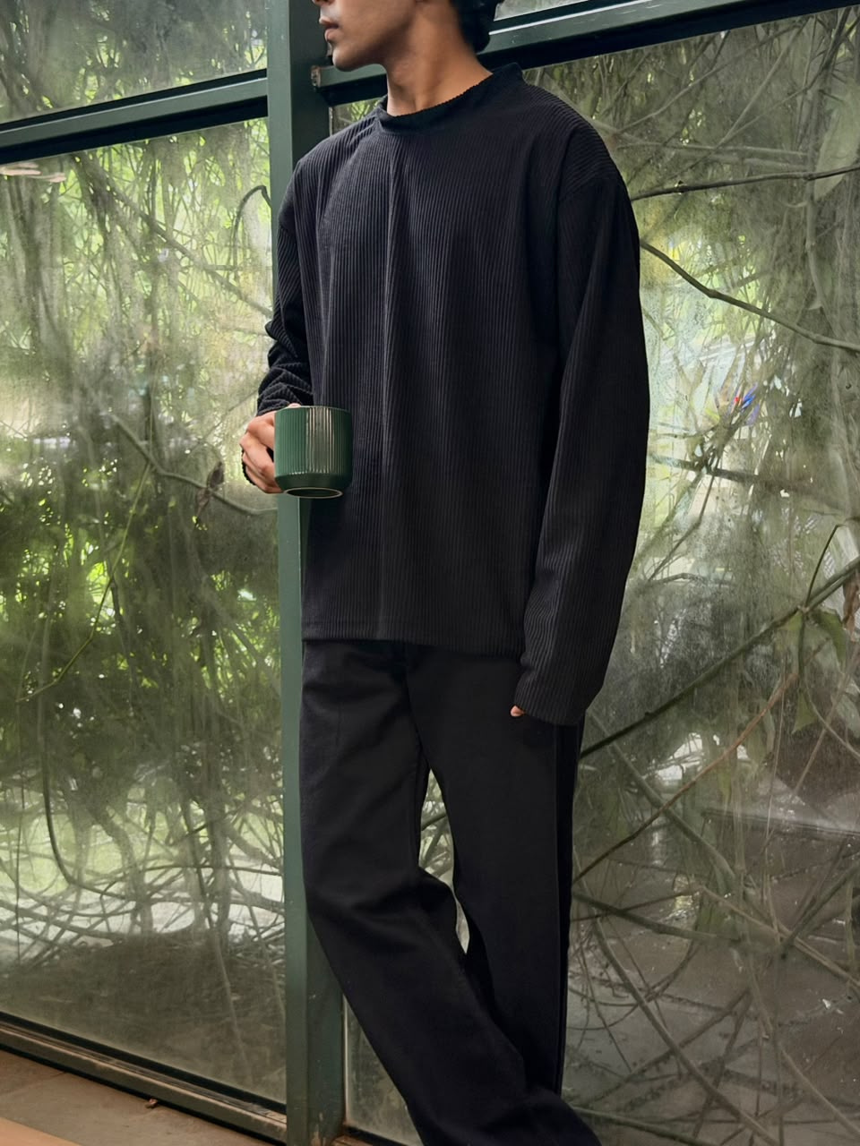 Men's Olive Green Waffle tee  Oversized Long Sleeve T-Shirt