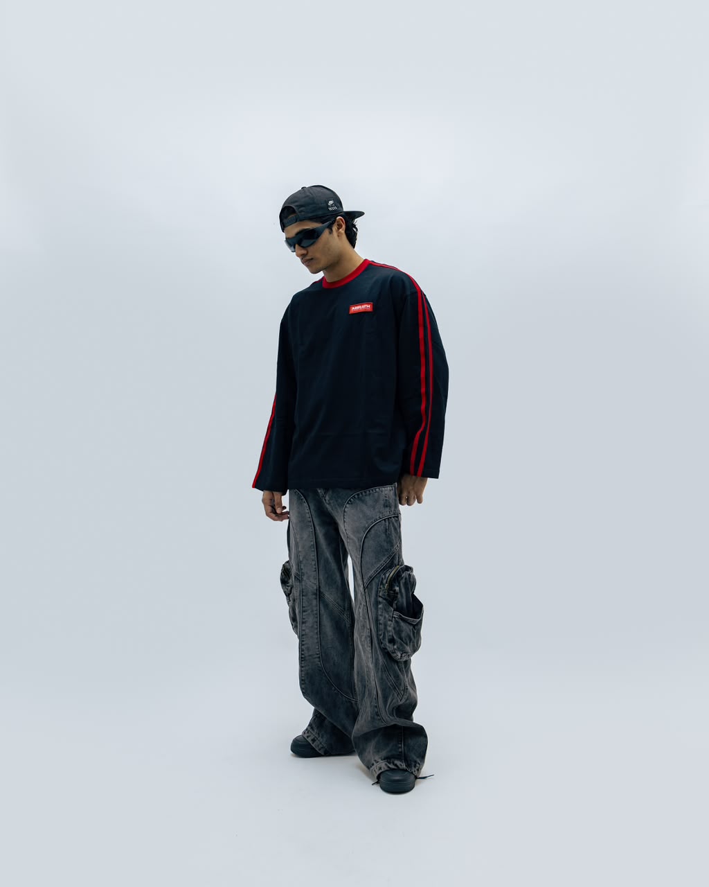 Men's Oversized White Long Sleeve T-Shirt with Red Stripe Sleeves