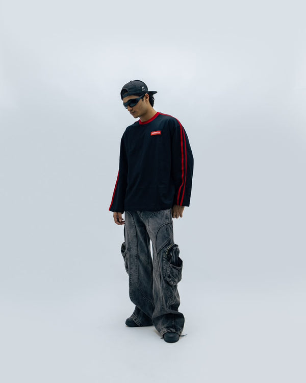 Men's Oversized White Long Sleeve T-Shirt with Red Stripe Sleeves