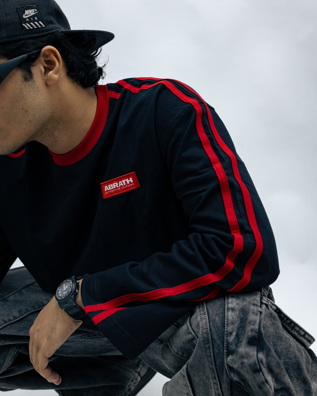 Men's Oversized White Long Sleeve T-Shirt with Red Stripe Sleeves