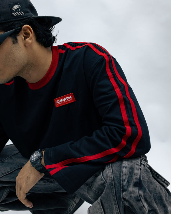 Men's Oversized White Long Sleeve T-Shirt with Red Stripe Sleeves