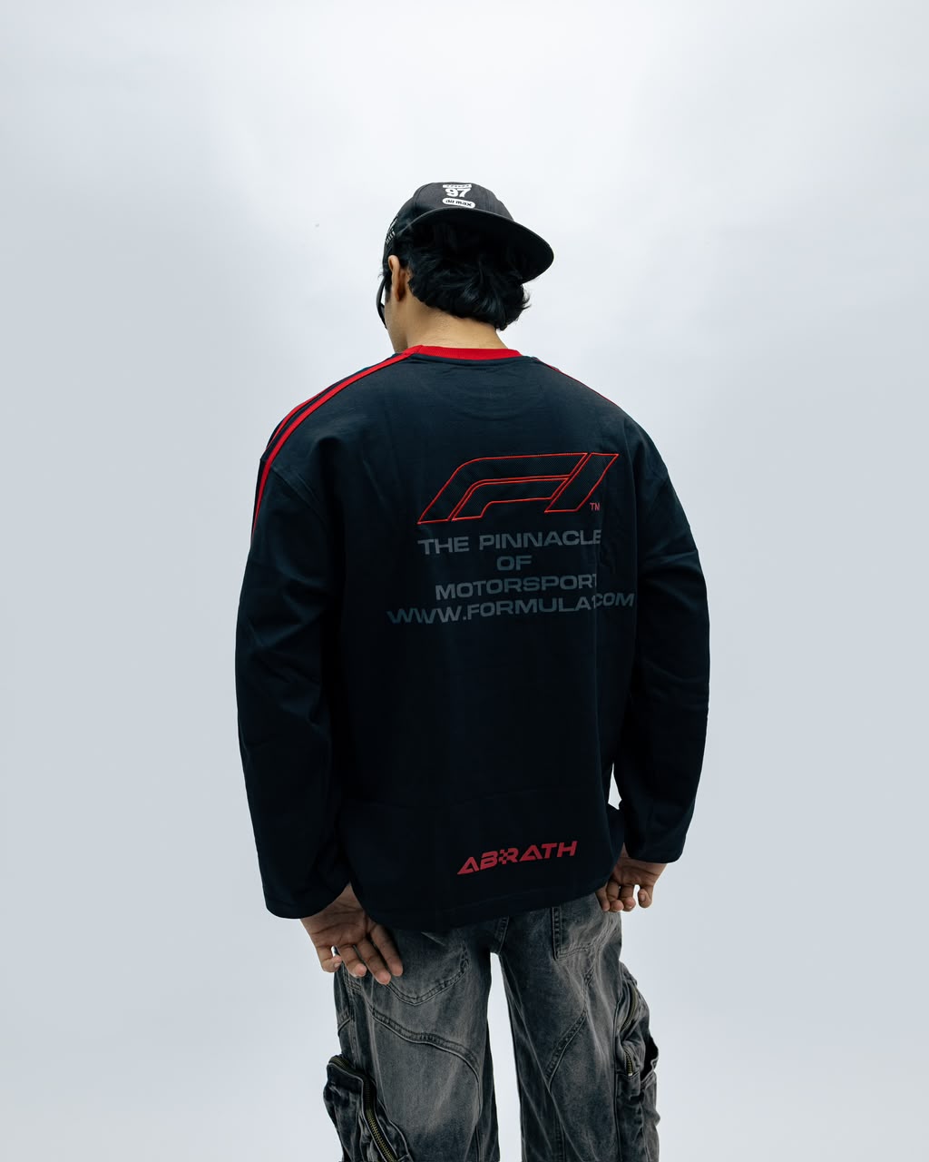 Men's Oversized White Long Sleeve T-Shirt with Red Stripe Sleeves