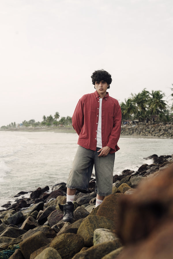 Men's Red Checkered Oversized Casual Shir