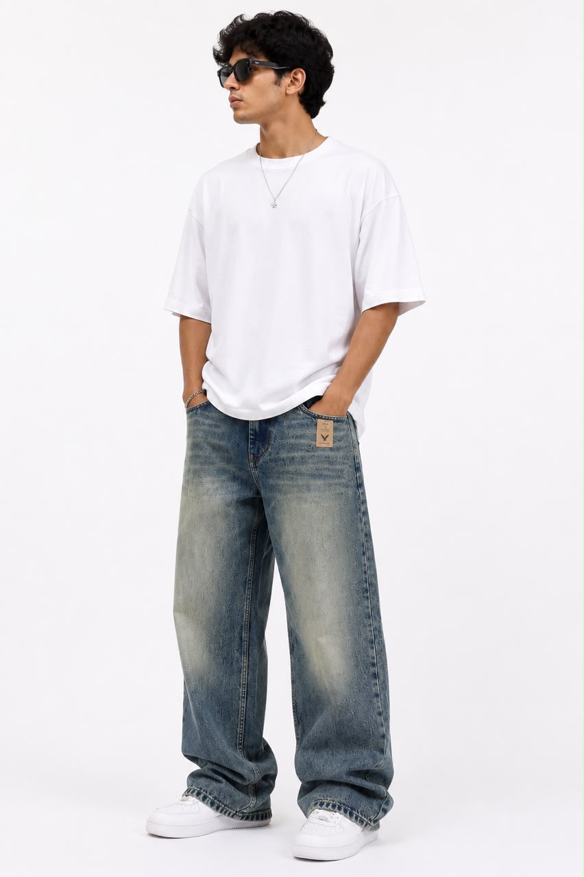 Men's Vintage Wash Wide-Leg Baggy Jeans