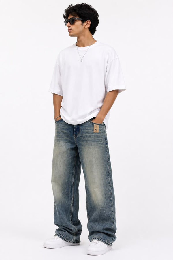Men's Vintage Wash Wide-Leg Baggy Jeans