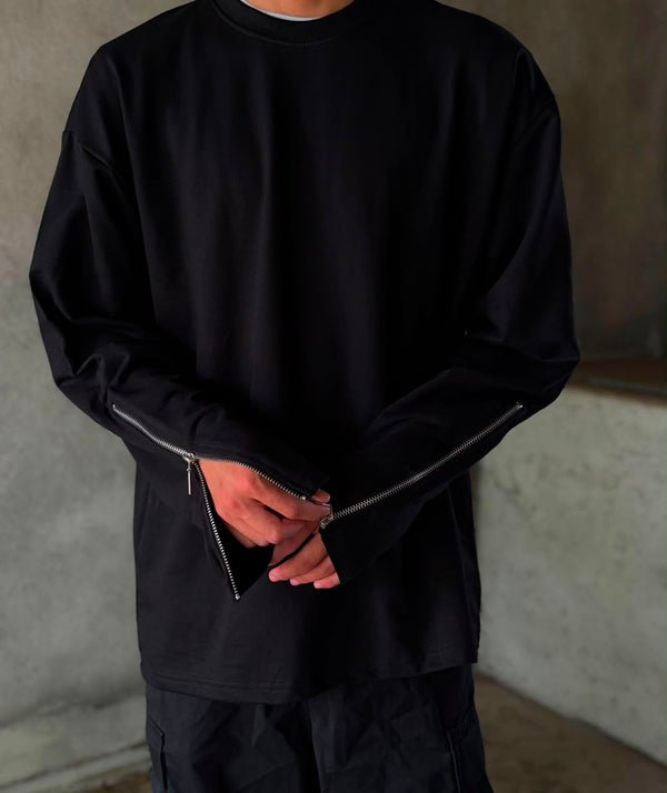 Men's Black Oversized Full Sleeve T-Shirt with Zipper Sleeves