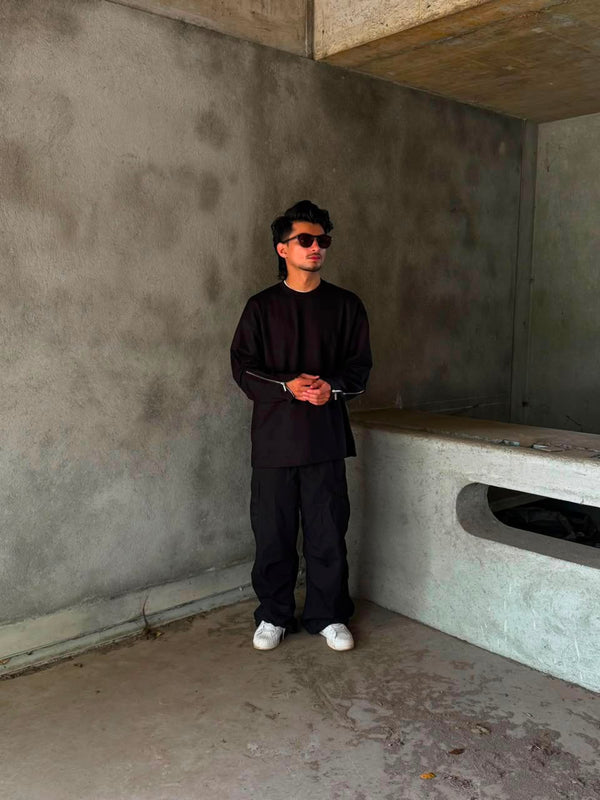 Men's Black Oversized Full Sleeve T-Shirt with Zipper Sleeves