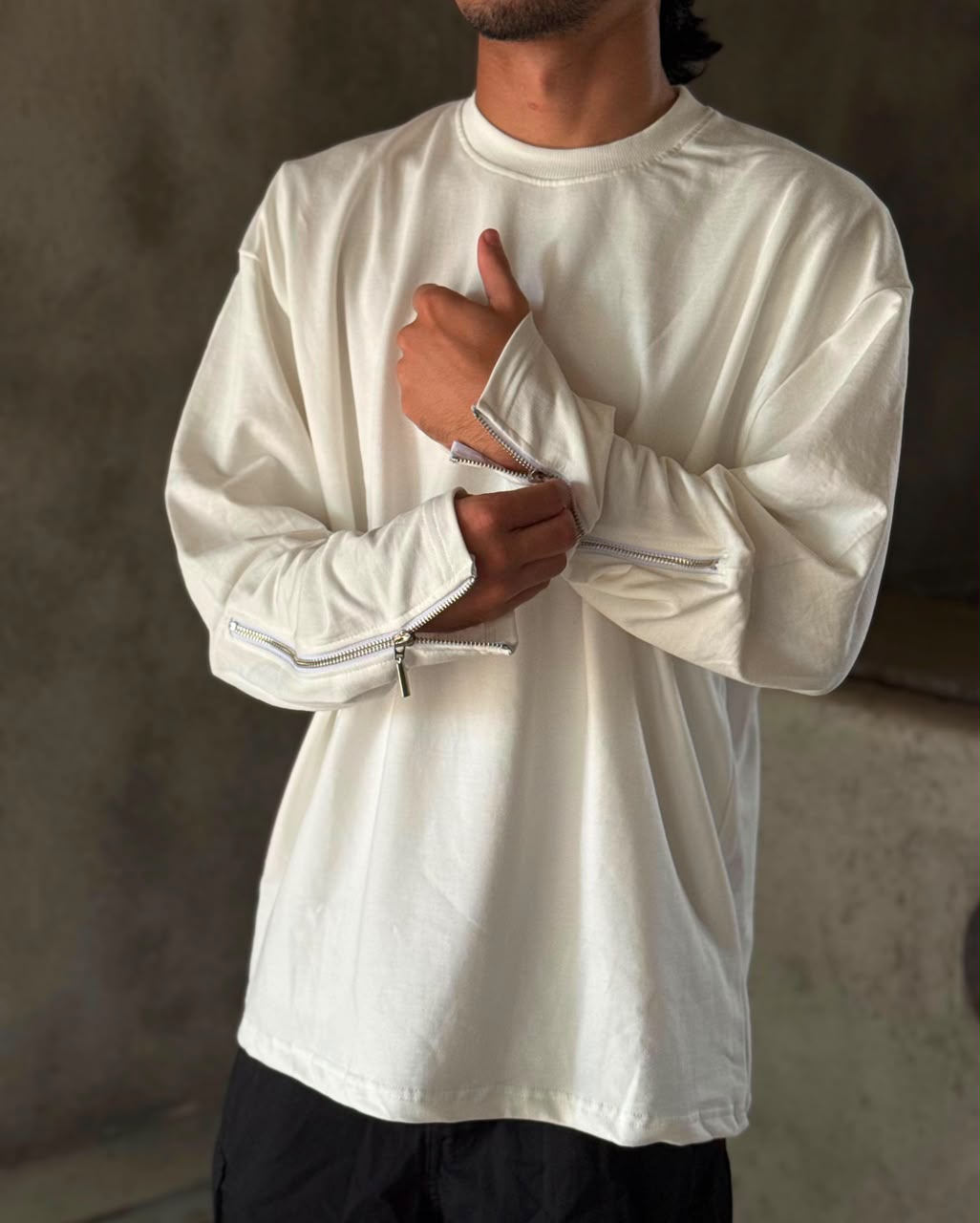 Men's Black Oversized Full Sleeve T-Shirt with Zipper Sleeves
