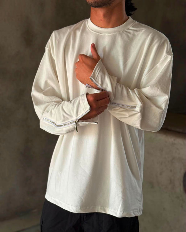 Men's Black Oversized Full Sleeve T-Shirt with Zipper Sleeves