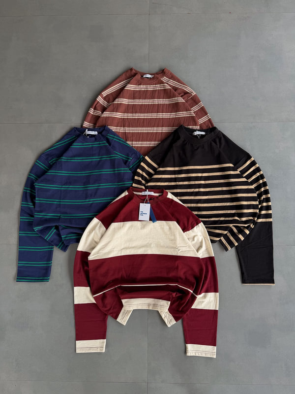 Men's premium rugby stripe full sleeve sweatshirt in burgundy and cream