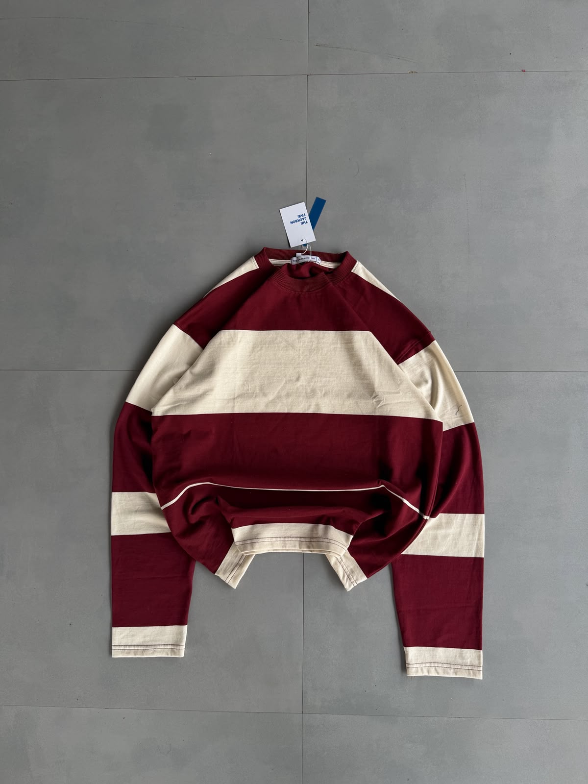 Men's premium rugby stripe full sleeve sweatshirt in burgundy and cream