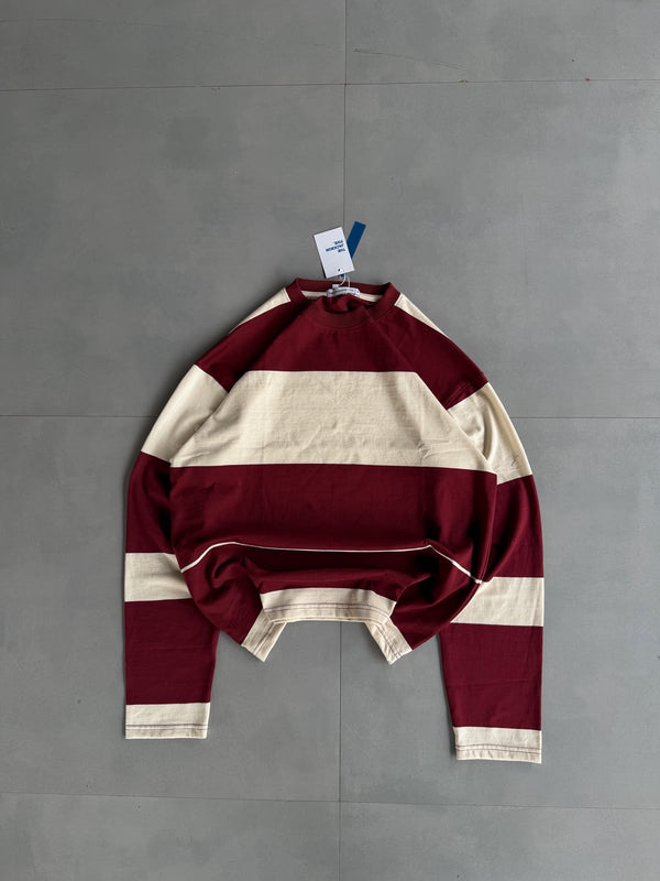 Men's premium rugby stripe full sleeve sweatshirt in burgundy and cream