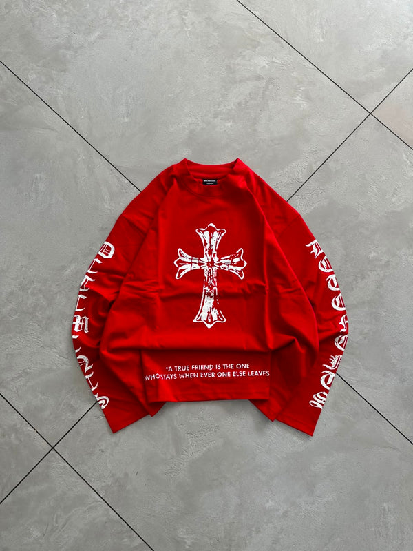Red Gothic Cross Oversized Full Sleeve T-Shirt