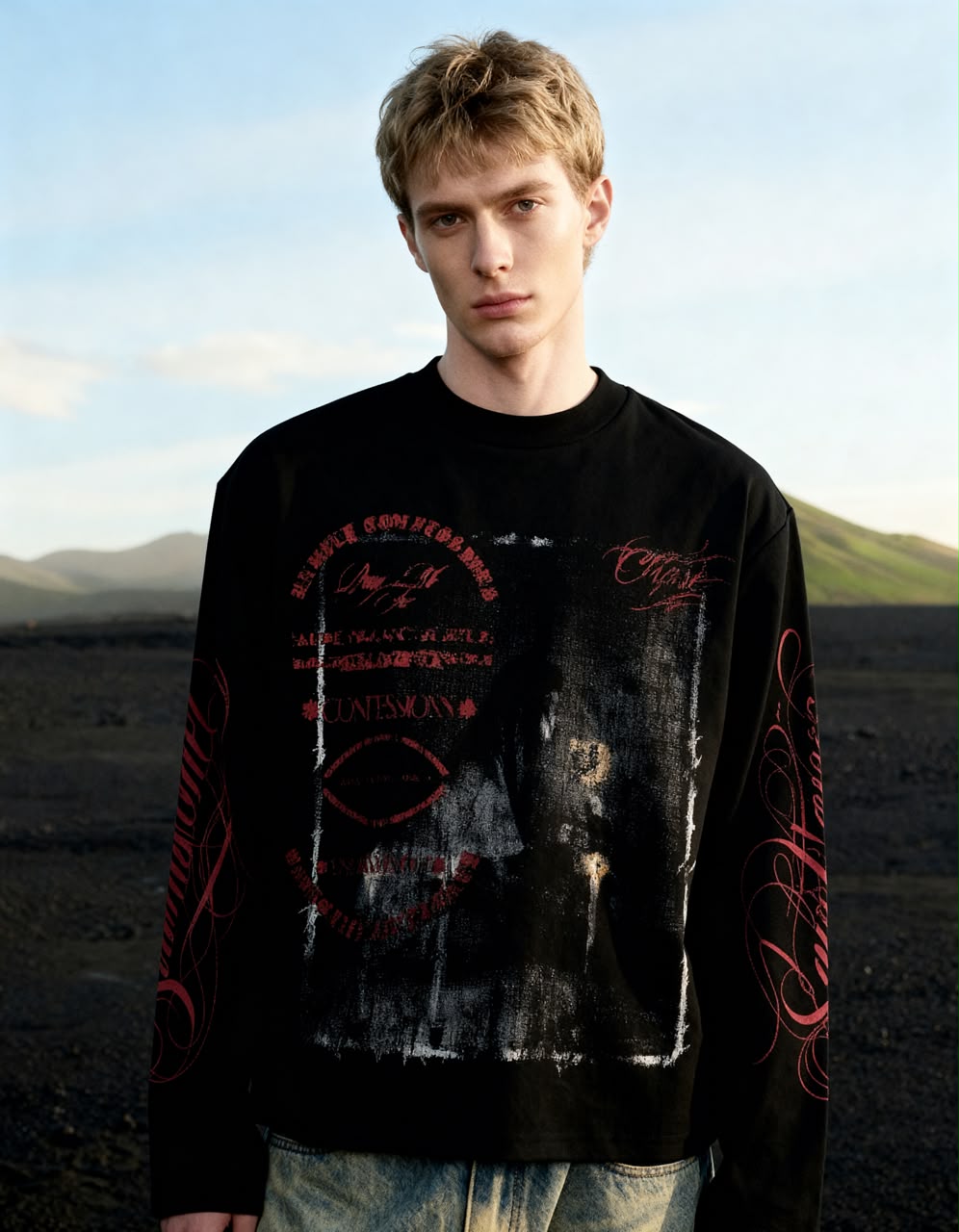 Men's Oversized Black Graphic Long Sleeve T-Shirt