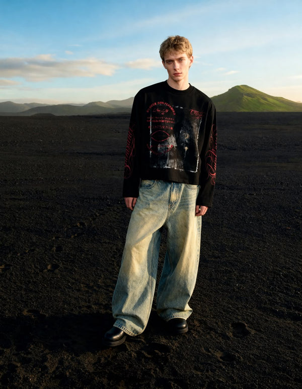 Men's Oversized Black Graphic Long Sleeve T-Shirt
