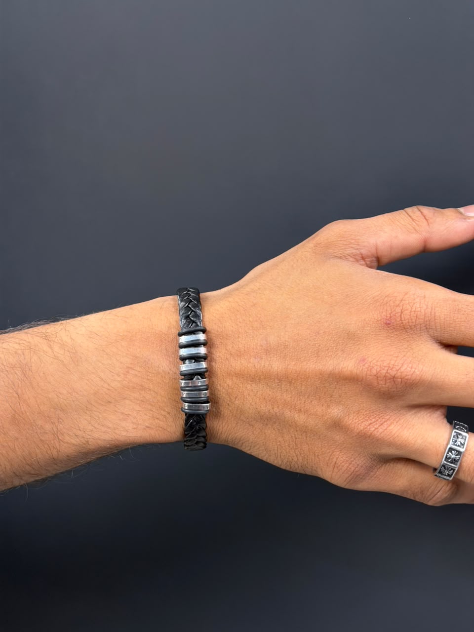 Black Braided Leather Bracelet for Men