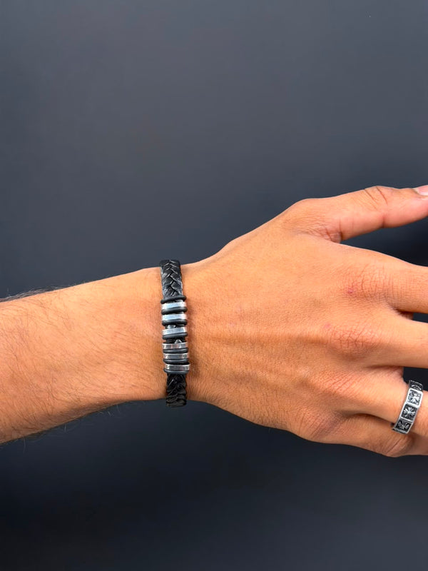 Black Braided Leather Bracelet for Men