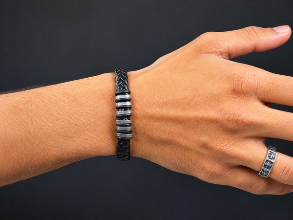 Black Braided Leather Bracelet for Men