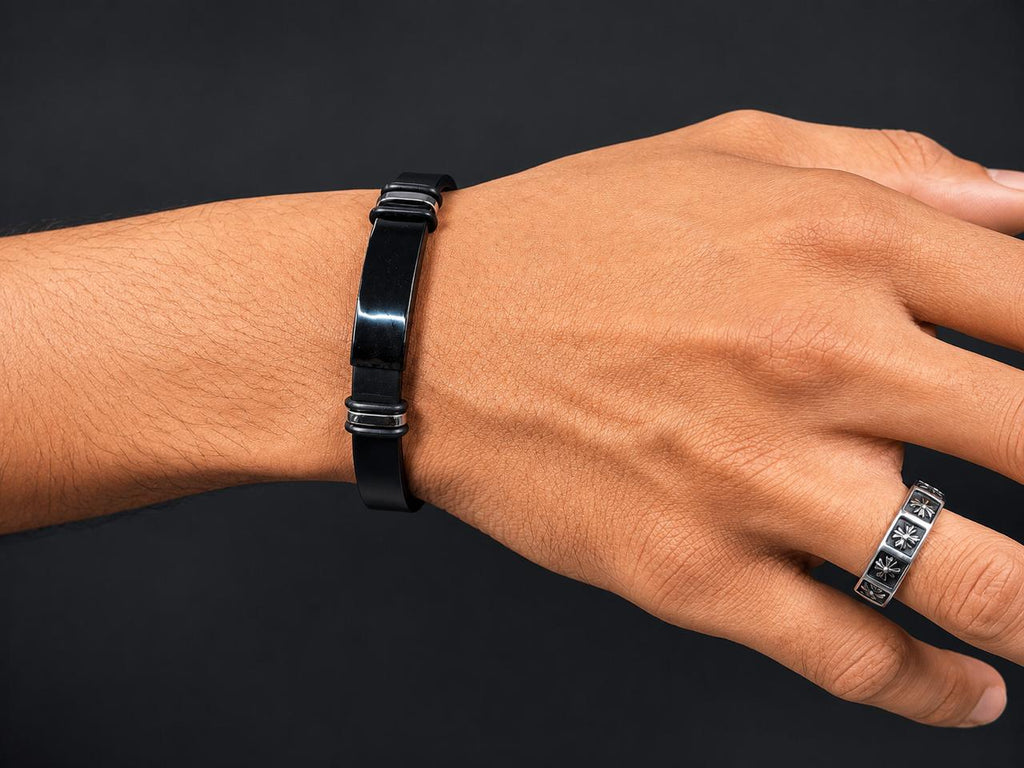 Black Silicone Bracelet with Stainless Steel Center Plate & Magnetic Clasp