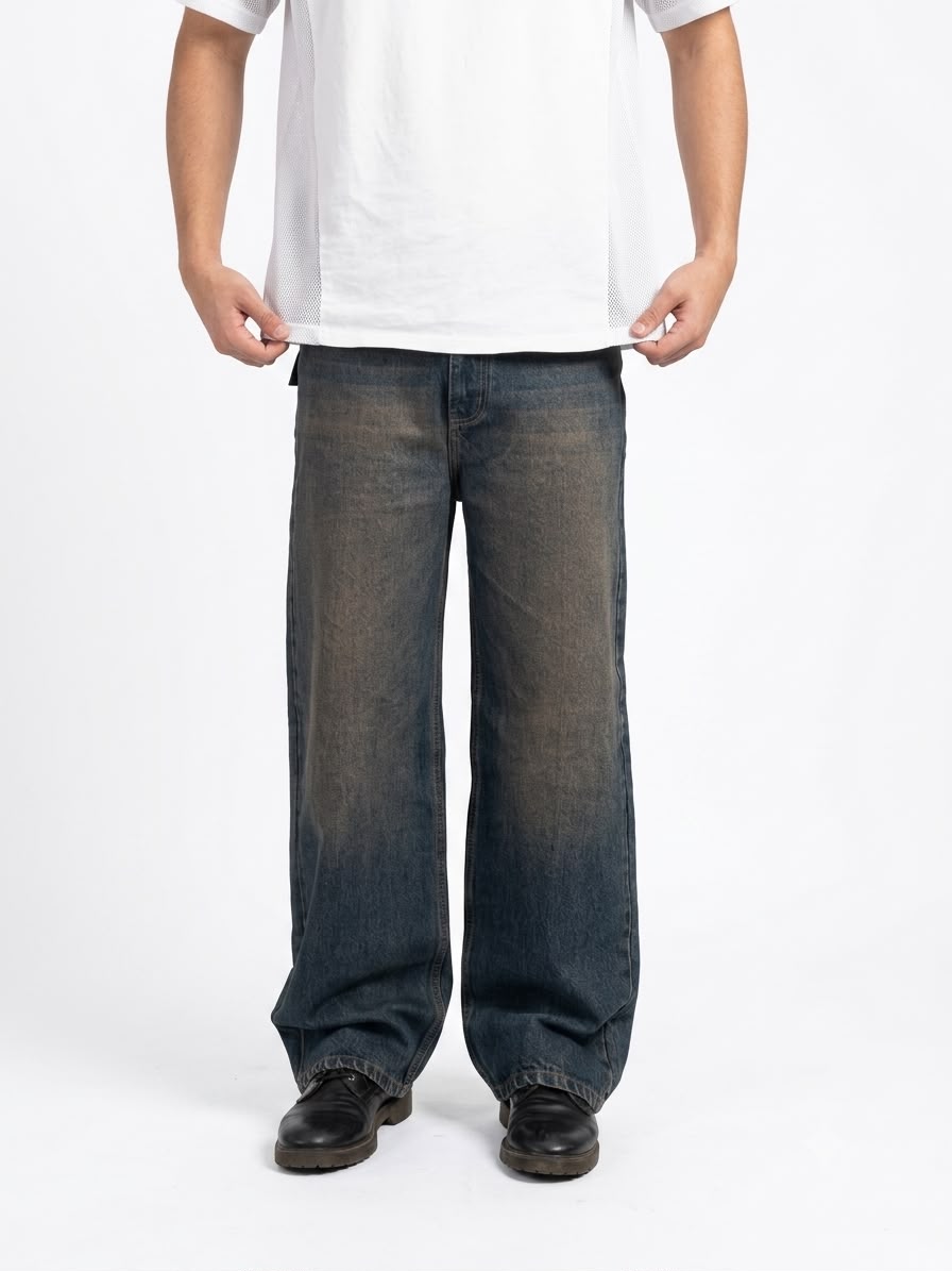 Men's vintage wash baggy denim jeans with a loose fit