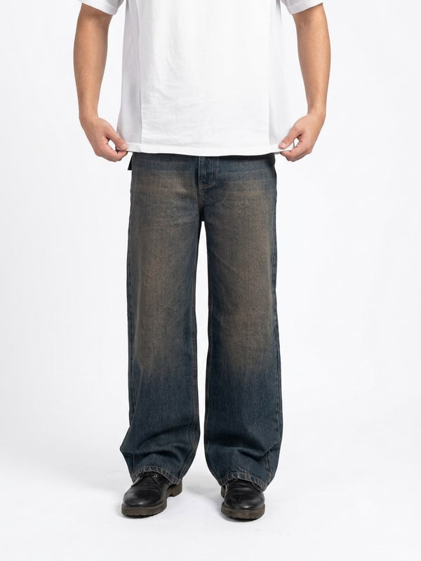 Men's vintage wash baggy denim jeans with a loose fit