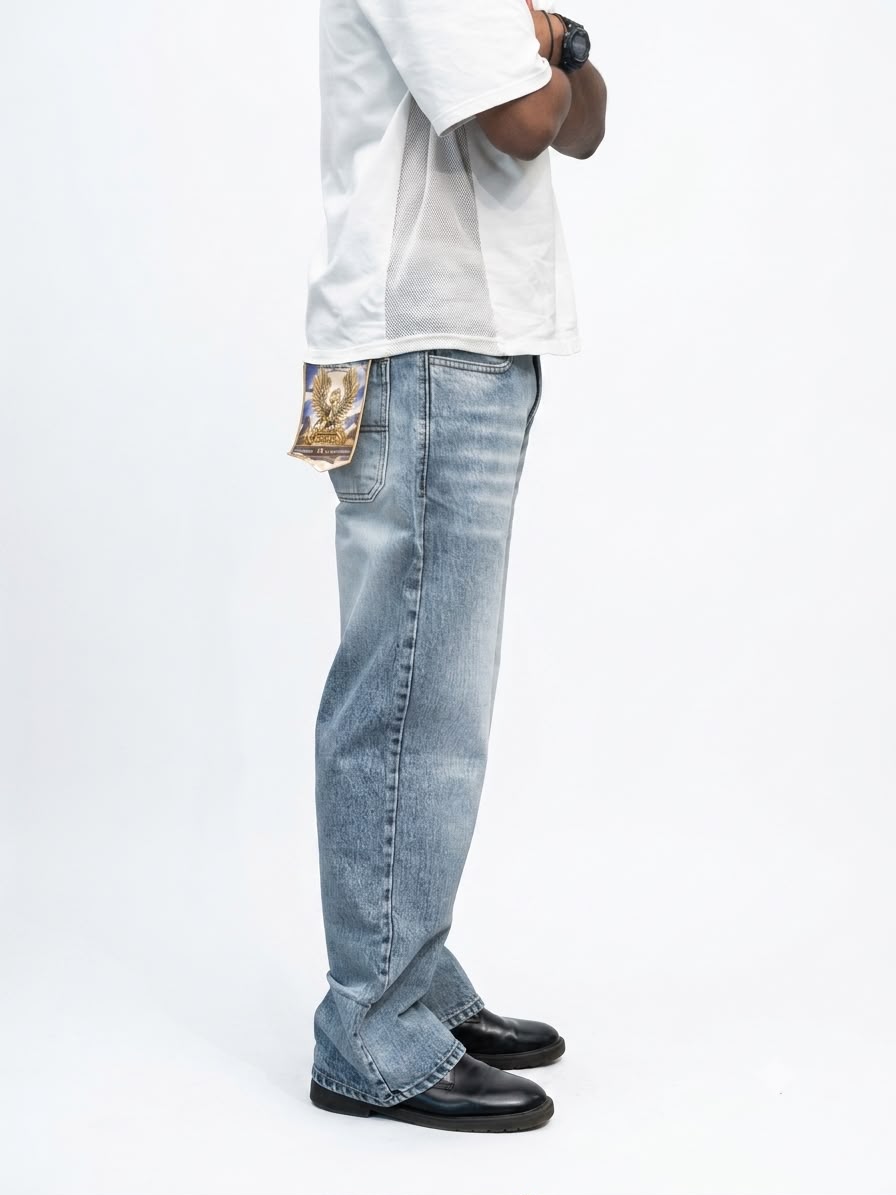 Men's vintage wash baggy denim jeans with a loose fit.
