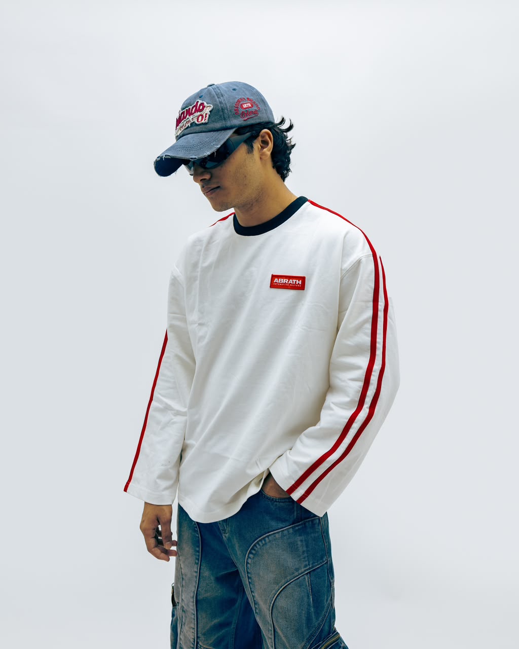 Men's Oversized White Long Sleeve T-Shirt with Red Stripe Sleeves