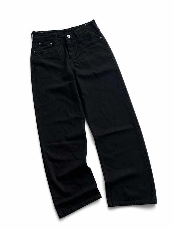Men's black relaxed fit denim pants with wide leg silhouette for modern casual wear