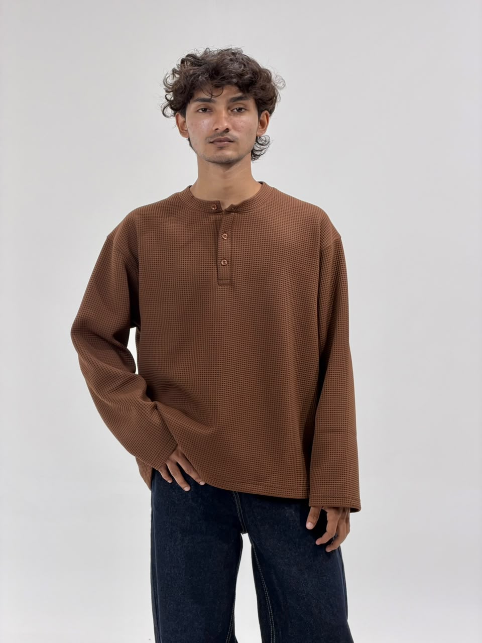 Oversized Waffle Knit Henley Full-Sleeve T-Shirt