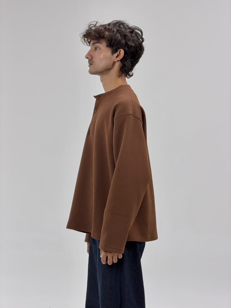 Oversized Waffle Knit Henley Full-Sleeve T-Shirt