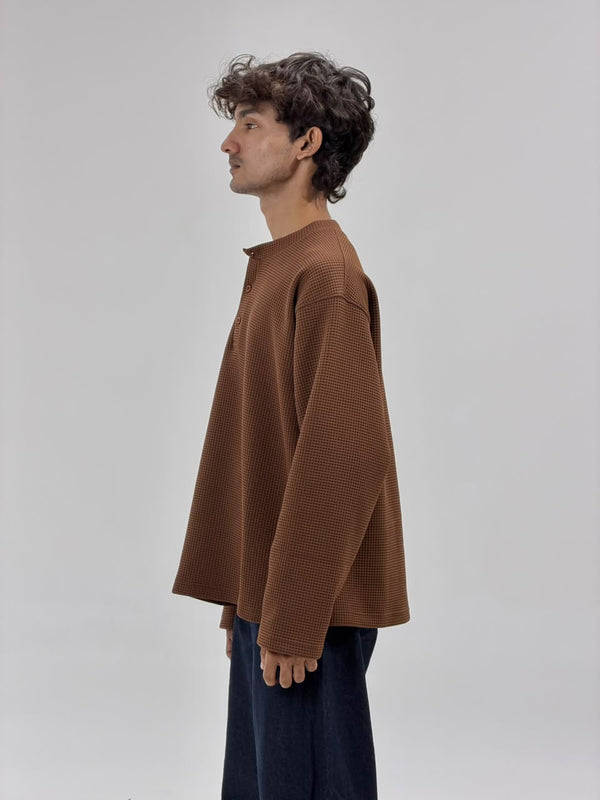 Oversized Waffle Knit Henley Full-Sleeve T-Shirt