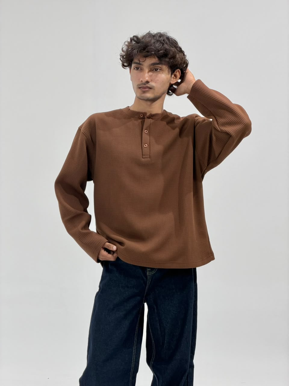 Oversized Waffle Knit Henley Full-Sleeve T-Shirt Secondary image