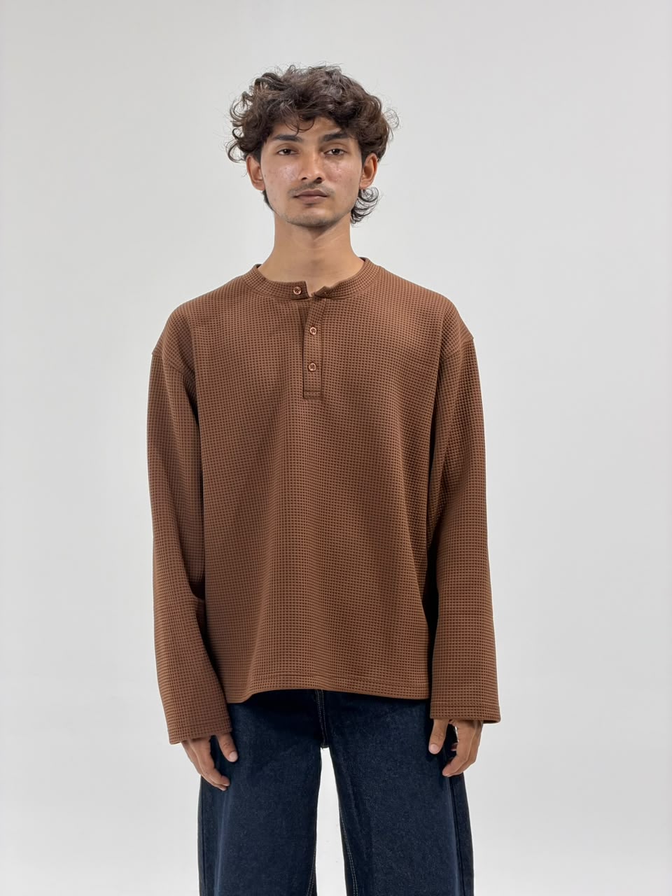 Oversized Waffle Knit Henley Full-Sleeve T-Shirt