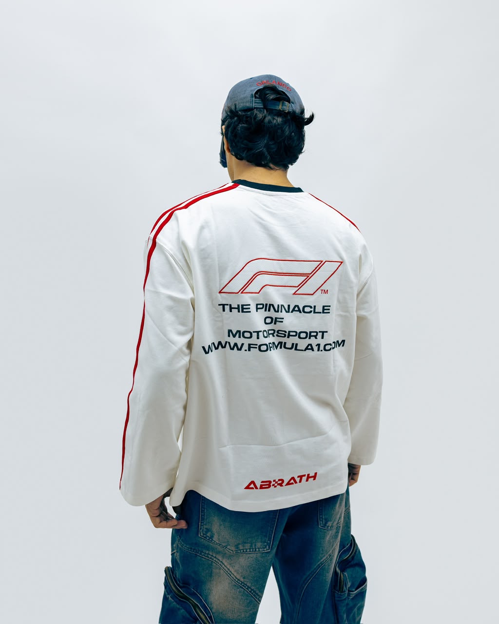 Men's Oversized White Long Sleeve T-Shirt with Red Stripe Sleeves