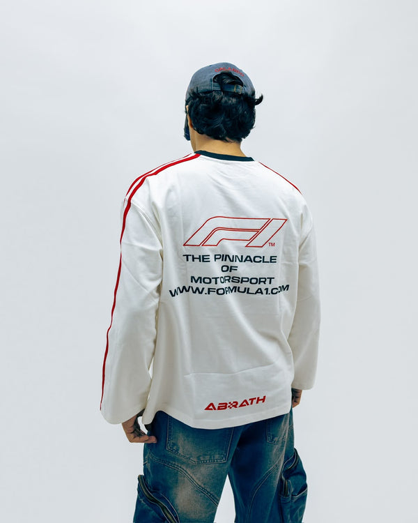Men's Oversized White Long Sleeve T-Shirt with Red Stripe Sleeves