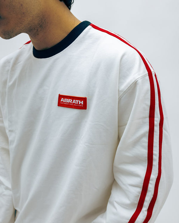 Men's Oversized White Long Sleeve T-Shirt with Red Stripe Sleeves