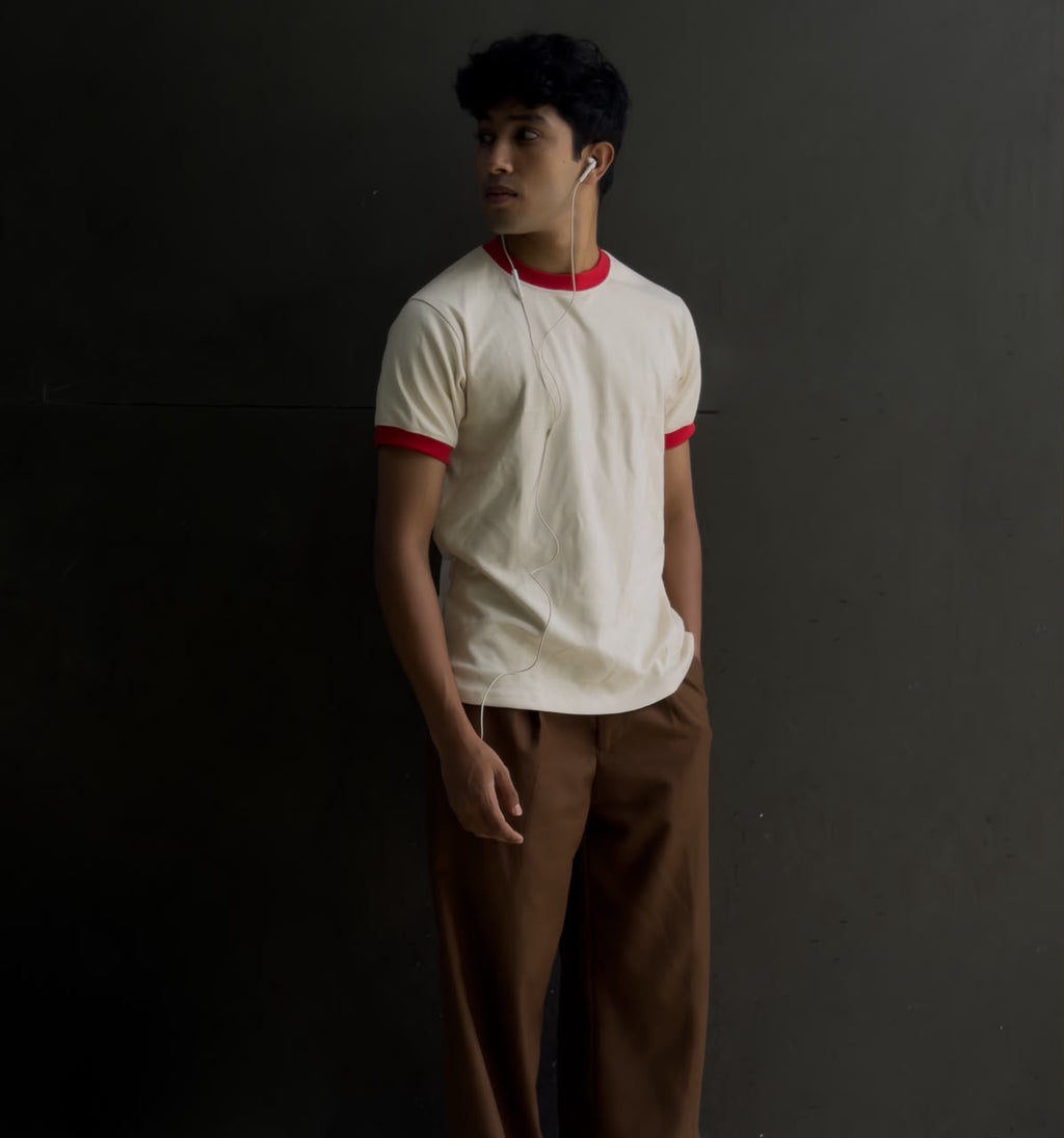 Men's  ringer T-shirt with white contrast collar and sleeve cuffs