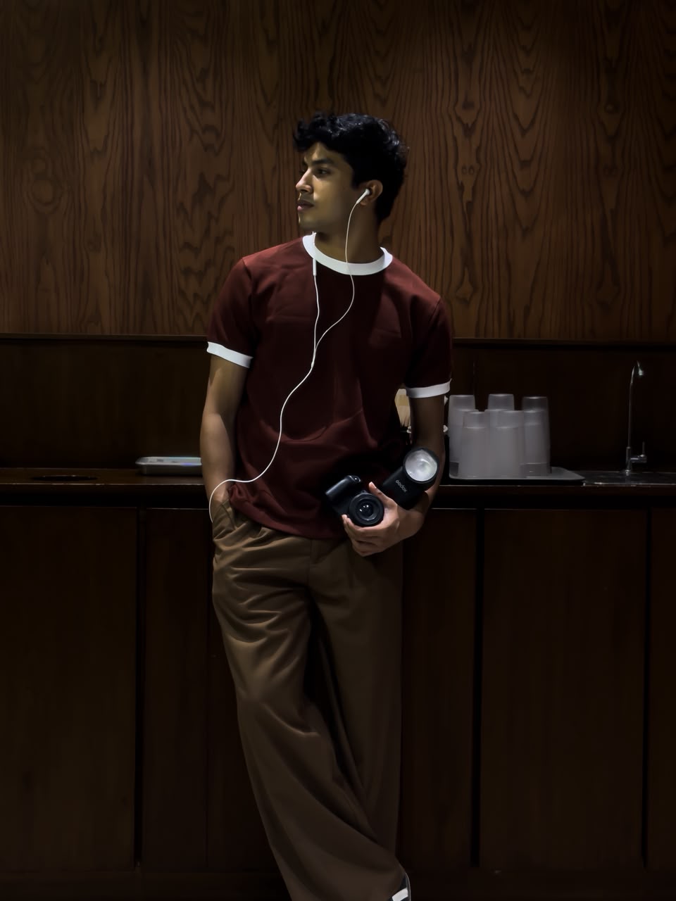 Men's maroon ringer T-shirt with white contrast collar and sleeve cuffs