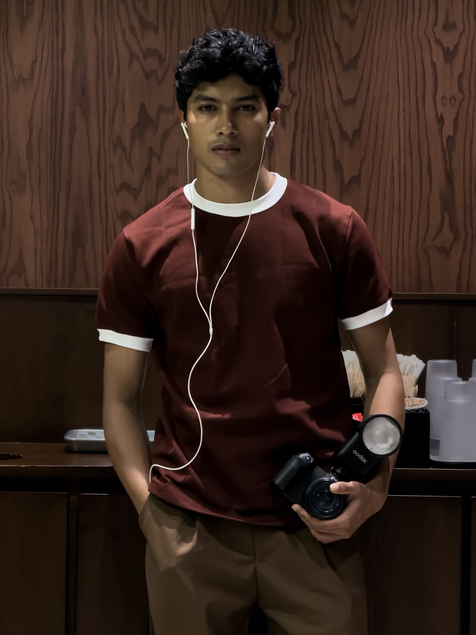 Men's maroon ringer T-shirt with white contrast collar and sleeve cuffs