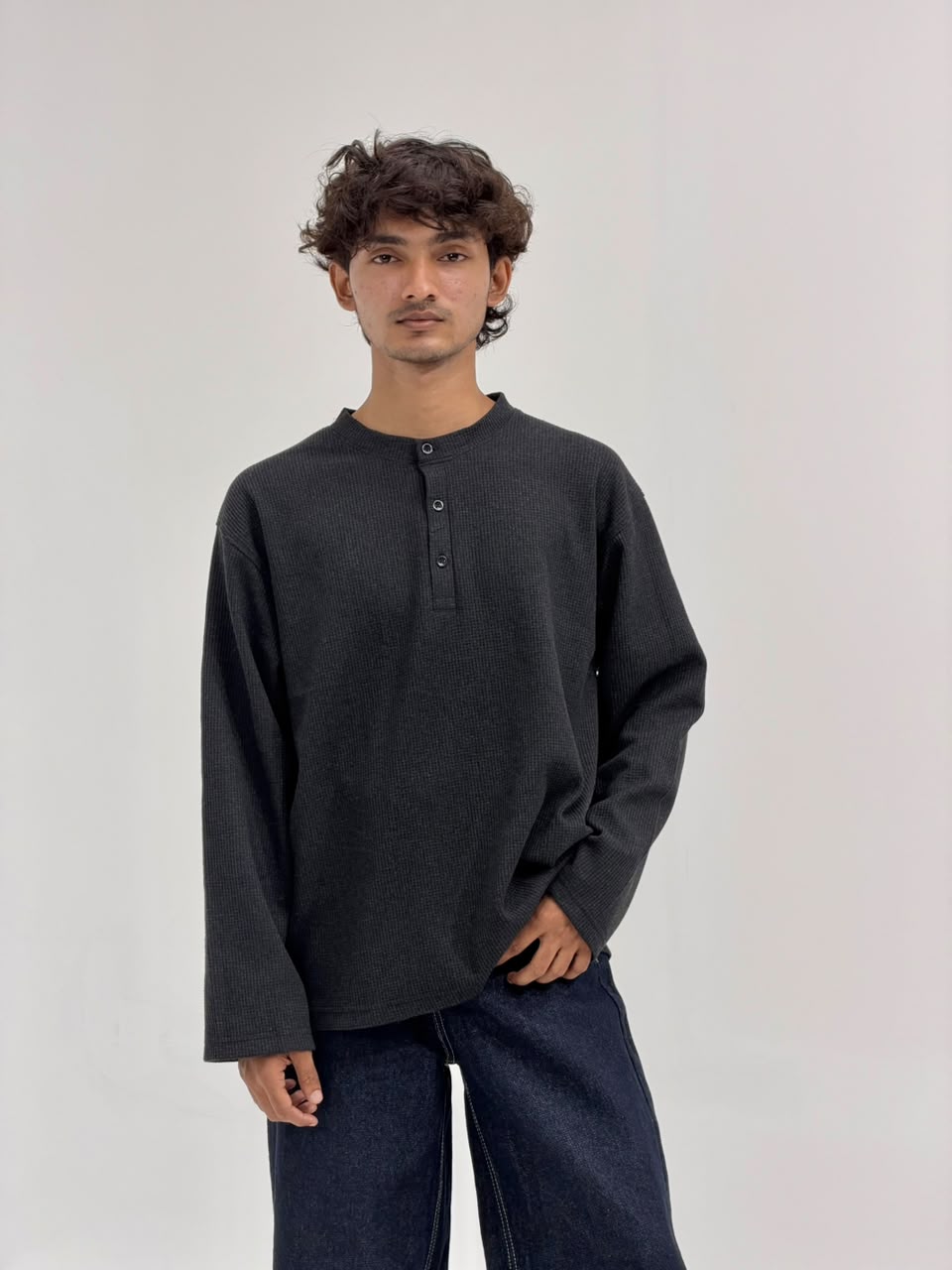 Oversized Waffle Knit Henley Full-Sleeve T-Shirt