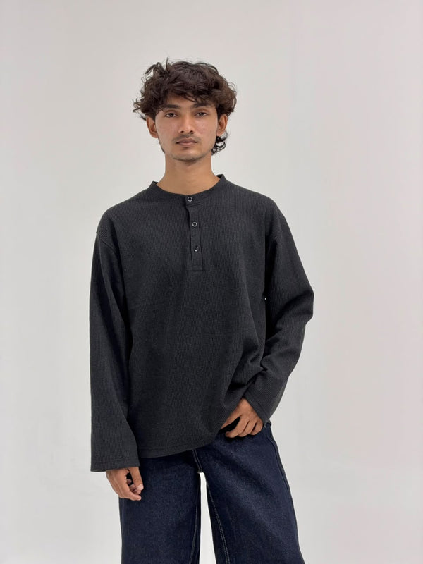 Oversized Waffle Knit Henley Full-Sleeve T-Shirt