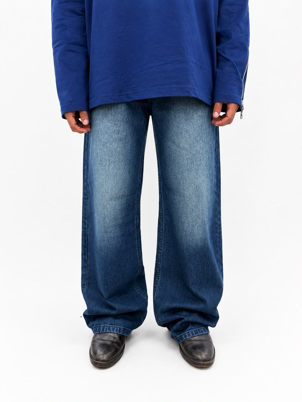 Men's dark blue baggy wide-leg denim jeans