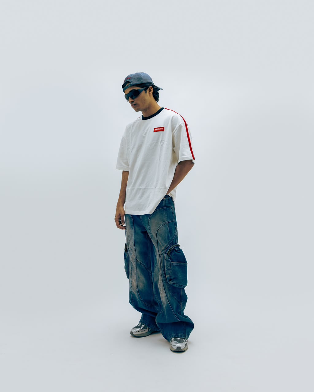 Men's Oversized White Long Sleeve T-Shirt with Red Stripe Sleeves